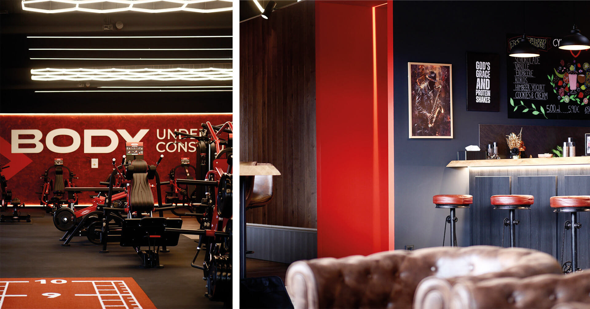Eine zweiteilige Ansicht eines ästhetisch gestalteten Studio-Interieurs. Links: Ein  Trainingsbereich mit modernen Trainigsgeräten von Panatta und Neon-Lichtelementen. Rechts: Ein Empfangsbereich mit Theke und Barhockern und zwei großen braunen Sesseln.