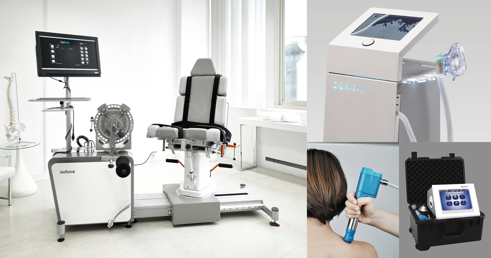 Vierteilige Bildkollage: Links das isoforce Isokinetik-Therapiegerät mit Behandlungsstuhl und Monitor; rechts oben das CellAirOne IHHNT-Mitochondriengerät mit Atemmaske; rechts unten die Anwendung einer blauen kimatur Stoßwellensonde am Nacken sowie ein kompakter Transportkoffer mit Stoßwelleneinheit.