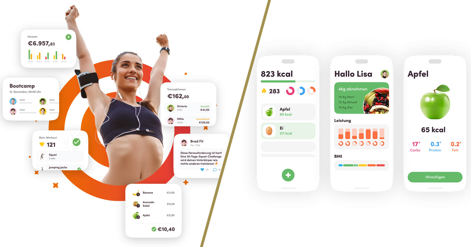 Frau vor Screenmockup mit verschiedenen Ernährungsinformationen