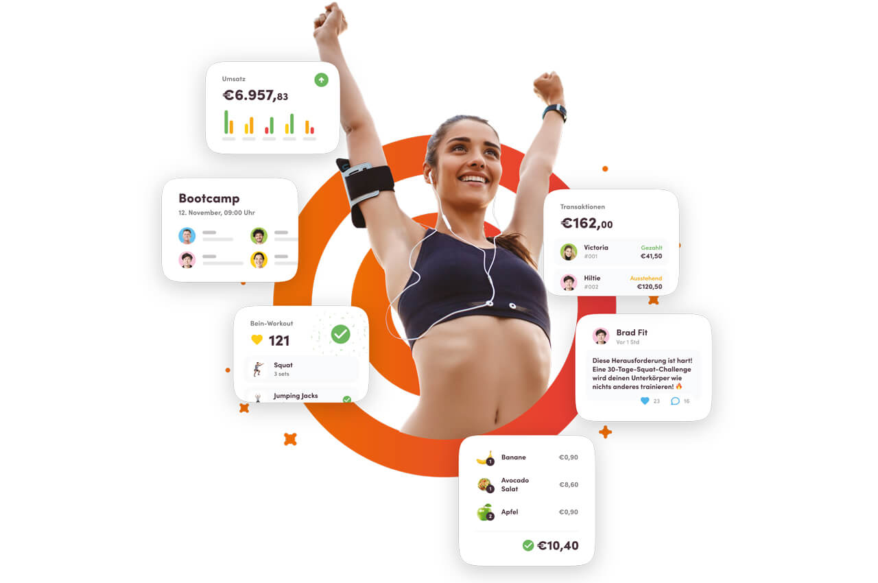 Trainingsmitglied in einem Kreis und verschiedenen Umsatzzahlen