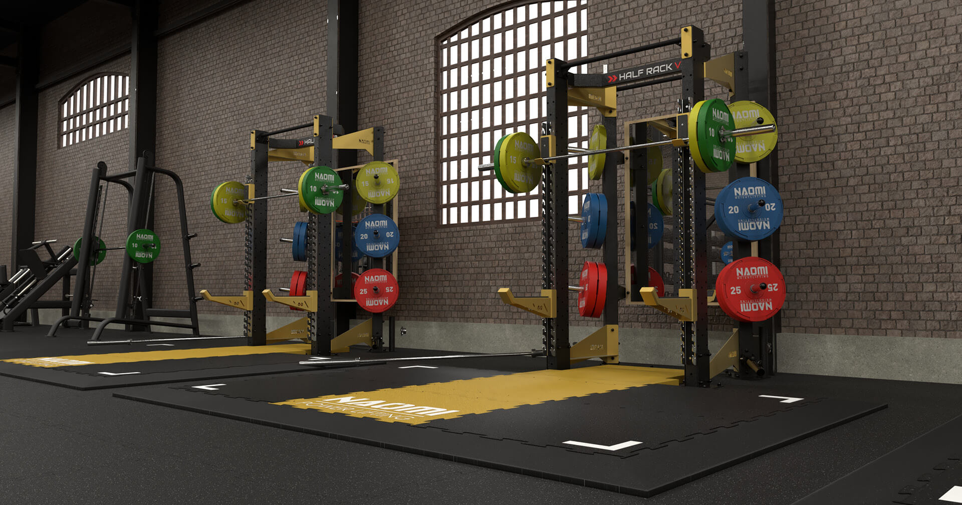 Modern gestalteter, modularer Functional-Training-Bereich mit Rig- und Rack-Systemen von NAOMI FITNESS DESIGN in einem Fitnessstudio.