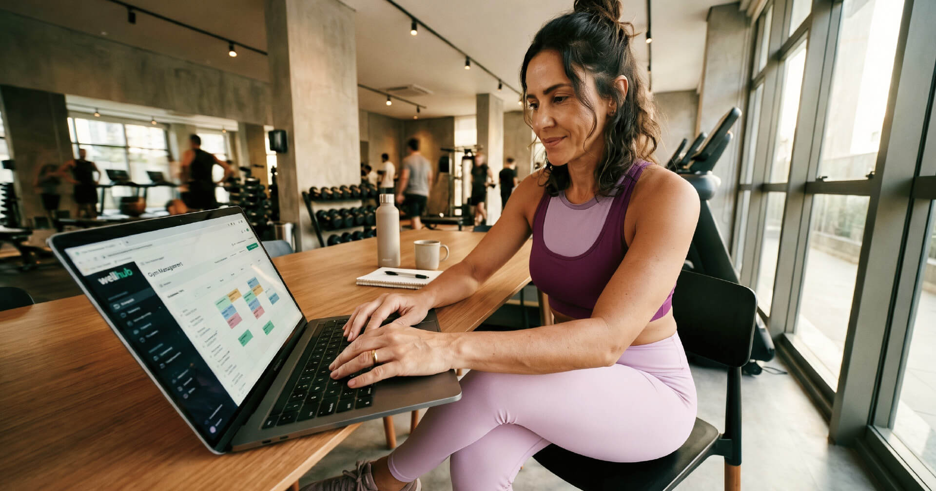 Eine Frau in Sportkleidung sitzt an einem Holztisch und schaut auf einen Laptop-Bildschirm, auf dem das Wellhub Gym Management Portal zu sehen ist.
