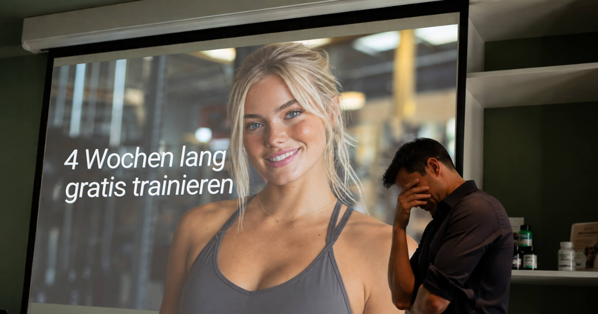 Ein frustrierter Mann hält sich die Hand vor das Gesicht neben einer Leinwand mit der Werbung „4 Wochen lang gratis trainieren“.