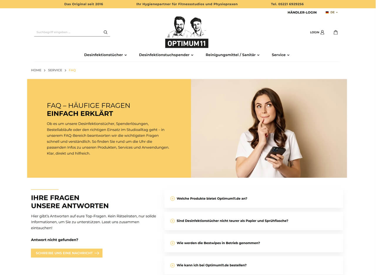 Die Startseite des neuen Webshops von Optimum11
