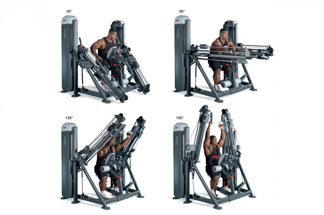 Je nach Einstellung der Trainingsarme (45&deg; bis 180&deg;, bezogen auf den Schulterflexionswinkel zu Beginn der Bewegung) deckt die Total Back alle wesentlichen Zugbewegungen ab