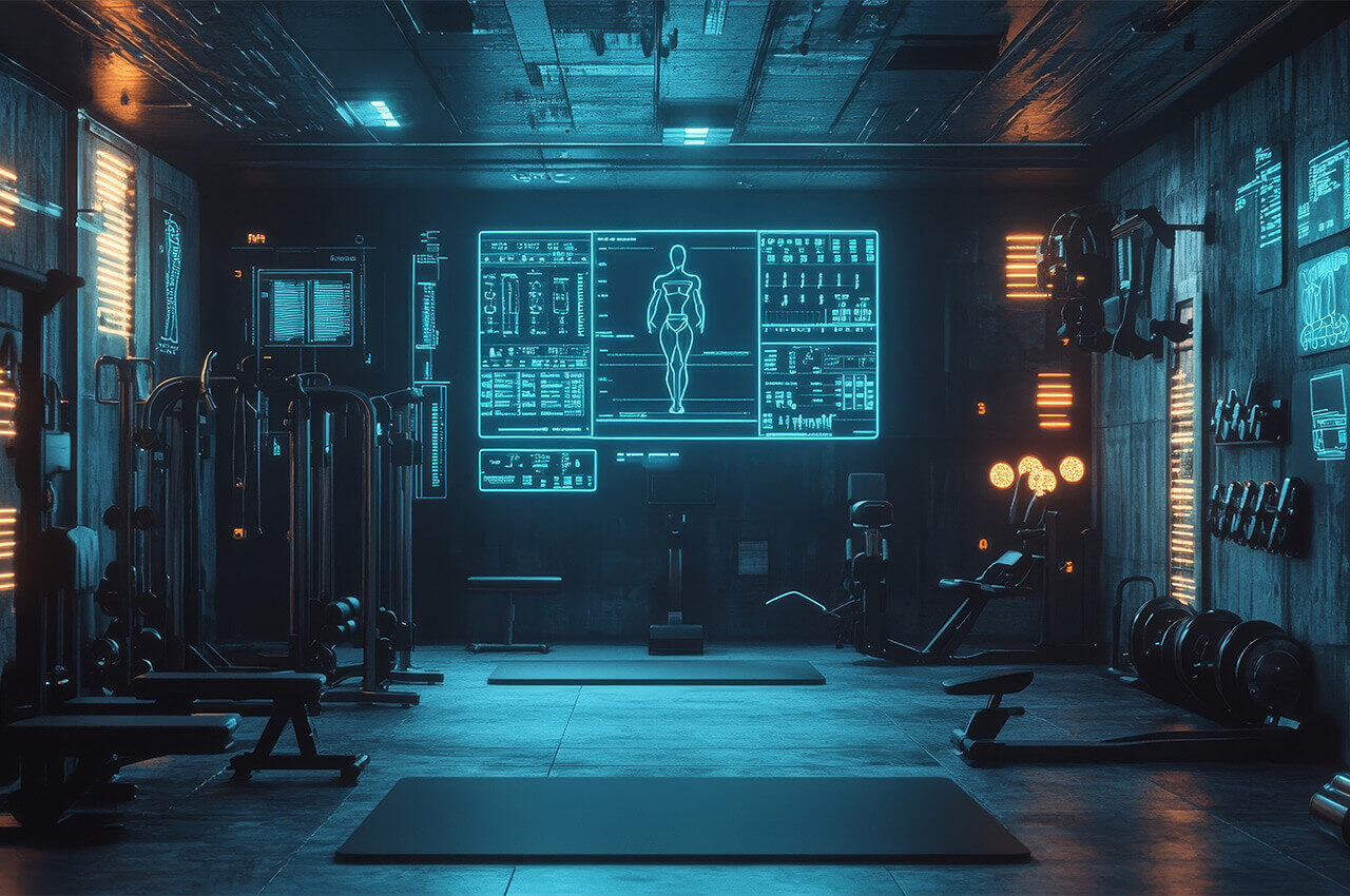 Fitnessraum mit Fitnessdaten an die Wand projiziert