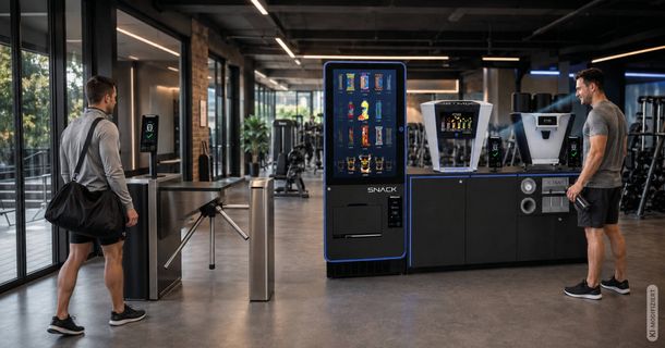 Ein Mann betritt das Fitnessstudio über ein automatisches Drehkreuz mit Gesichtssensor, während ein anderer Mann an einer SB-Getränkestation neben einem großen digitalen Snackautomaten steht.