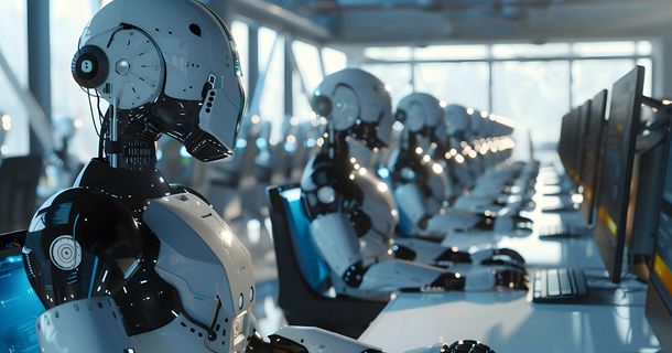 Verschiedene futuristisch aussehende Roboter an Laptops
