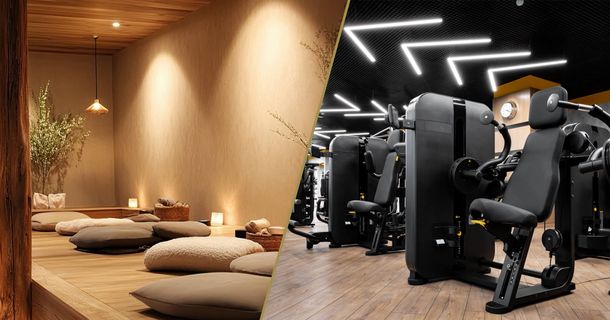 Collage aus einem Wellnessbereich und der Trainingsfläche eines Fitnessstudios