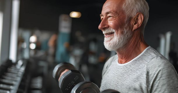 Älterer Mann mit grauem Bart mit Hanteln im Fitnessstudio