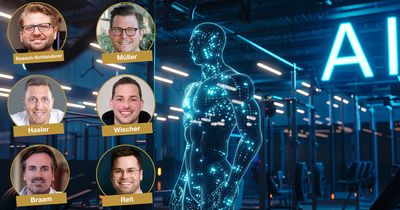 Collage eines KI-Manns im Fitnessstudio mit den Gesichtern einiger Experten aus der Fitnessbranche
