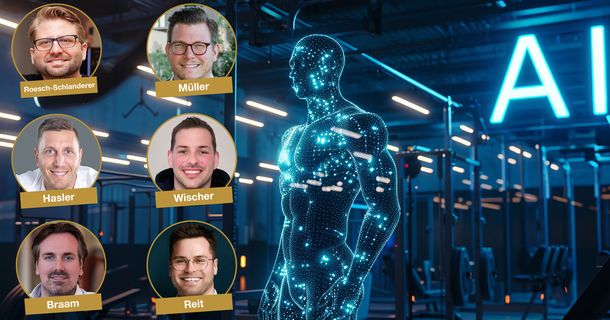 Collage eines KI-Manns im Fitnessstudio mit den Gesichtern einiger Experten aus der Fitnessbranche