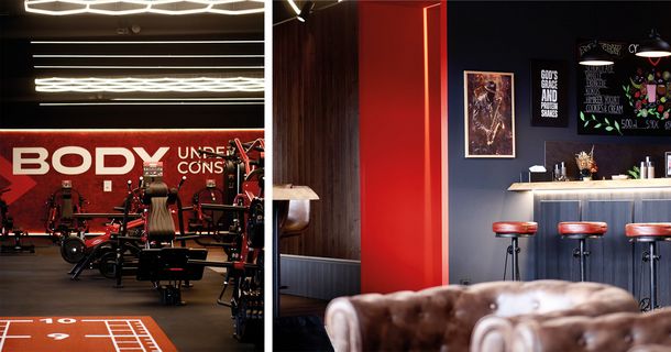 Eine zweiteilige Ansicht eines ästhetisch gestalteten Studio-Interieurs. Links: Ein  Trainingsbereich mit modernen Trainigsgeräten von Panatta und Neon-Lichtelementen. Rechts: Ein Empfangsbereich mit Theke und Barhockern und zwei großen braunen Sesseln.