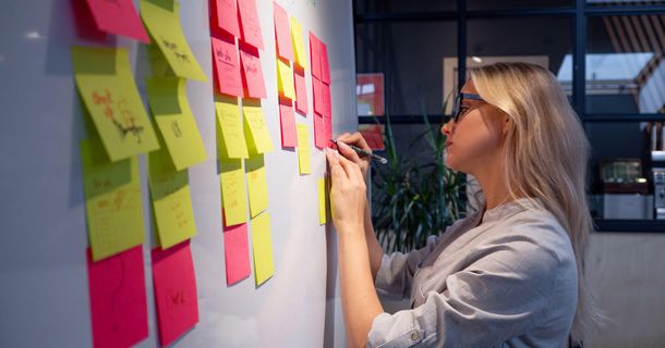 Unternehmerin steht vor einem Whiteboard mit Post-its