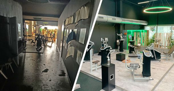 Auf der linken Seite sieht man das vom Brand geschädigte StudioFitAktiv in Parchim und auf der rechten Seite den renovierten Bereich 