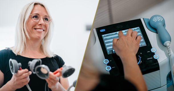 Auf der linken Seite ist eine blonde Frau zu sehen und auf der rechten Seite ist eine Hand auf einem technischen Gerät, dass durch radiale Stoßwellen Reize setzt.