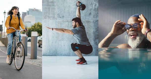 Fahrradfahrerin, Mann mit Kettle-Bell und Schwimmer