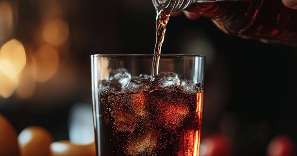 Glas mit Cola und Eiswürfeln in das weitere Cola gegossen wird