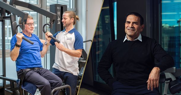 Personal Trainer mit Senior an einem Kraftgerät und Kieser-CEO Michael Antonopoulos