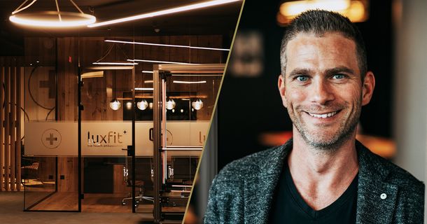 Collage aus einem Luxfit-Studio und Sebastian Backes, CEO von Luxfit