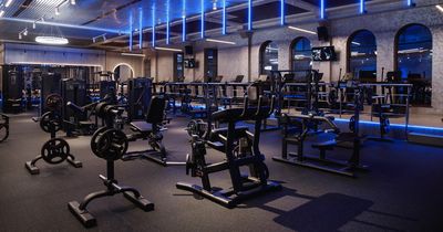 Ein großer, modern gestalteter Trainingsbereich eines Fitnessstudios bei gedimmter, blauer LED-Deckenbeleuchtung. Im Vordergrund stehen verschiedene schwarze Krafttrainingsgeräte, Hantelständer und Gewichtsscheiben auf einem dunklen Gummiboden.