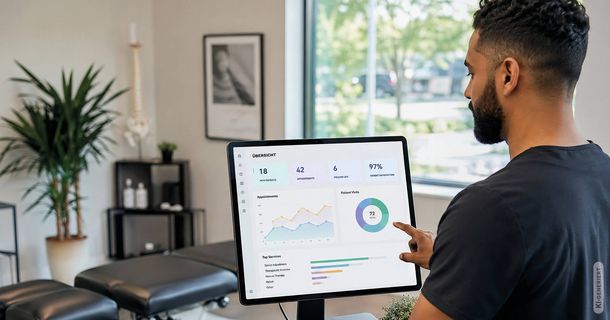 Physiotherapeut bedient ein digitales Dashboard für Praxismanagement auf einem Monitor.