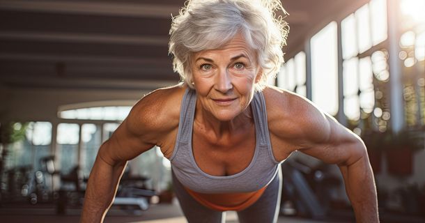 Ältere Frau macht eine Liegestütze im Fitnessstudio