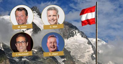 Der Fitnessmarkt in Österreich: Experten im Interview Eine Collage vor dem Hintergrund eines hohen, schneebedeckten österreichischen Berges (wahrscheinlich der Großglockner) und einer wehenden Flagge Österreichs (rot-weiß-rot). Im Vordergrund sind vier runde Porträtbilder von Branchenexperten eingebettet, gekennzeichnet mit ihren Namen: C. Jäger, C. Hörl, J. Aschauer und M. Klein.