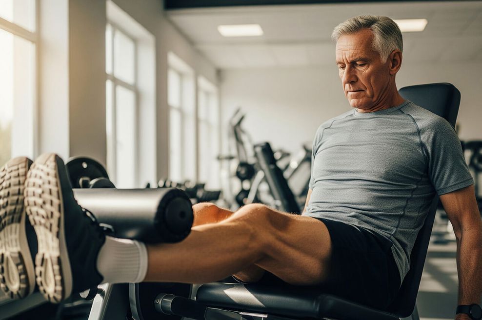 Je nach Studienlage verlieren GLP-1-Nutzer ohne Muskeltraining 25 bis 40 % ihrer Gewichtsabnahme in Form von Muskelgewebe Älterer Mann trainiert seine Beine im Fitnessstudio