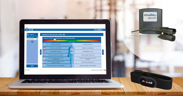 Desktop mit Stress Pilot Software und Messgerät sowie POlar Herzfrequenzmesser