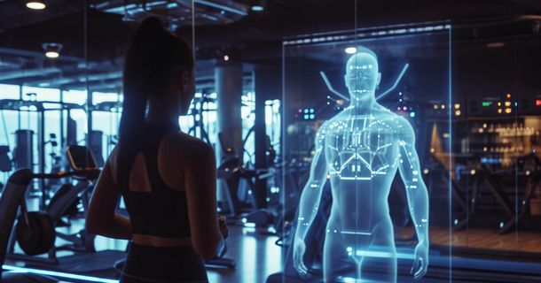 Frau in Gym vor KI-Hologram