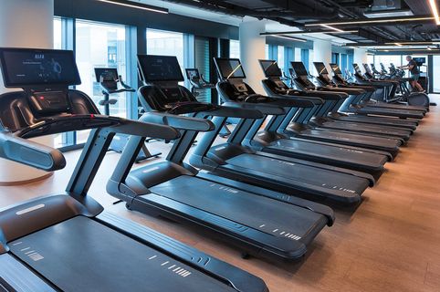Reihe moderner Laufbänder mit integrierten Bildschirmen in einem hellen Fitnessstudio mit großen Fenstern.