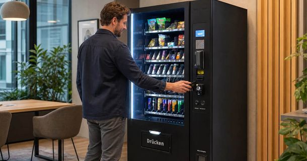 Mann steht vor Pulse Vending Snack- und Getränkeautomat
