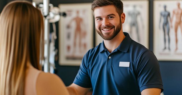Ein Physiotherapeut steht in der Praxis lächelnd vor einer Patientin