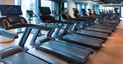 Reihe moderner Laufbänder mit integrierten Bildschirmen in einem hellen Fitnessstudio mit großen Fenstern.