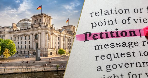 Der deutsche Bundestag und die Definition von Petition in einer Collage