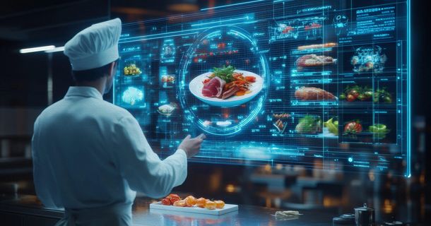 Ein Koch, versunken in einer futuristischen Küche, interagiert mit einer holographischen Anzeige, die ein Gourmetgericht präsentiert. Hier verschmelzen Technologie und Gastronomie.