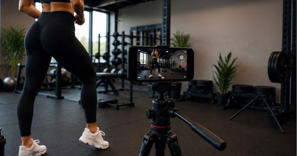Handy in Halterung nimmt Frau in einem Gym auf