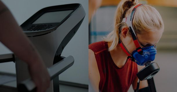 Zweiteilige Bildkollage: Links greift eine Person nach den Handgriffen eines InBody-Körperanalysegeräts zur Bioelektrischen Impedanzanalyse (BIA). Rechts absolviert eine junge blonde Frau in sportlicher Kleidung eine Atemgas-Stoffwechselanalyse mit einer uVida-Atemmaske.