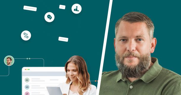 Links Frau mit Tablet, rechts Tobias Gumpert