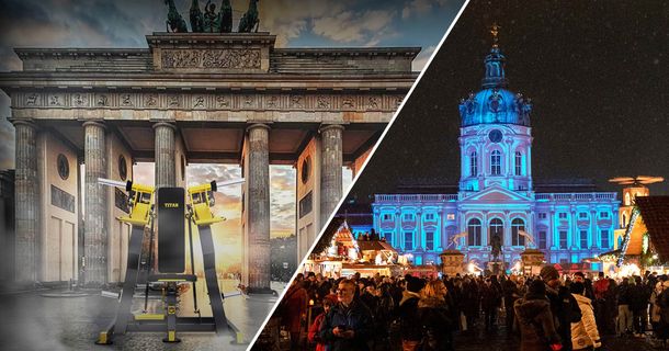 Collage aus einem Kraftgeräte der neuen Titan Serie und rechts dem Brandenburger Tor 