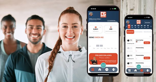 Fitnessstudiomitglieder und daneben ein Smartphone mit der Aidoo-Software