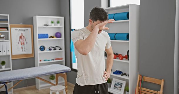 Physiotherapeut schwitzt in seiner Praxis
