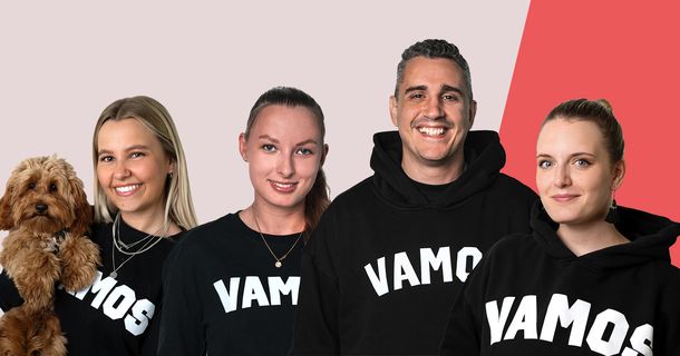 Die neuen SANTANA-Mitarbeiter: Corina Orth und Lottie, Lena Seliger, Mirko Trotta und Stefanie Högl v. l.  