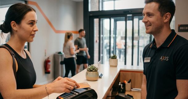 Frau bezahlt an Kartenlesegerät an einem Empfang im Fitnessstudio