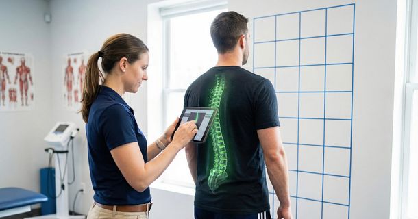 Physiotherapeutin schaut sich die Wirbelsäule eines Patienten an