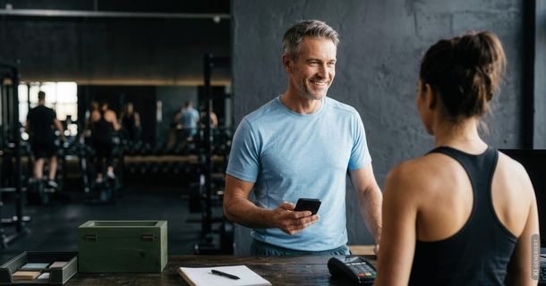 Ein grauhaariger Mann mittleren Alters in einem hellblauen T-Shirt hält sein Smartphone in der Hand und lächelt einer Mitarbeiterin im schwarzen Tanktop am Tresen eines Fitnessstudios entgegen. Auf dem Holztresen liegen Notizbuch, Stift und Kartenlesegerät.