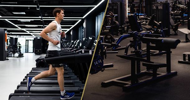 Auf der linken Seite ist ein Sportler auf einem Laufband und auf der rechten Seite sind Trainingsgeräte