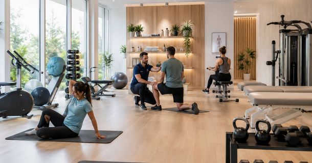 Ein helles, modern gestaltetes Fitnessstudio mit einem durchgehenden hellen Holzboden, großen Fensterfronten mit Blick ins Grüne und einer eleganten Wandverkleidung aus Holz. Im Zentrum kniet ein Personal Trainer in dunkler Sportkleidung und korrigiert die Haltung eines Trainierenden, der Ausfallschritte auf einer Matte macht. Im Vordergrund sitzt eine Frau auf einer Trainingsmatte und dehnt sich, während im Hintergrund eine weitere Person an einem Kraftgerät trainiert.