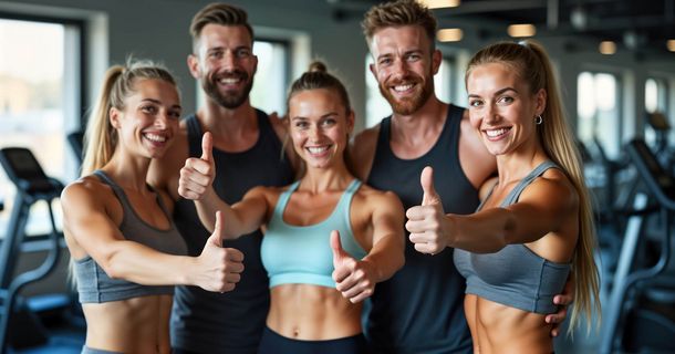 Junge Fitnessstudiomitglieder die den Daumen hochhalten